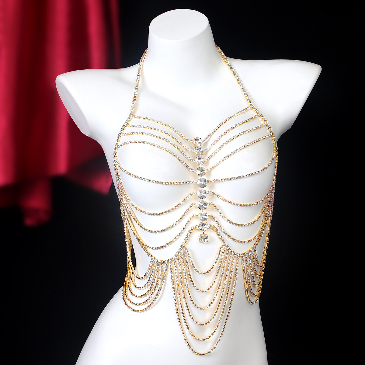 Body Jewelry Chest - Corrente Peito Strass Stripe Tassels para