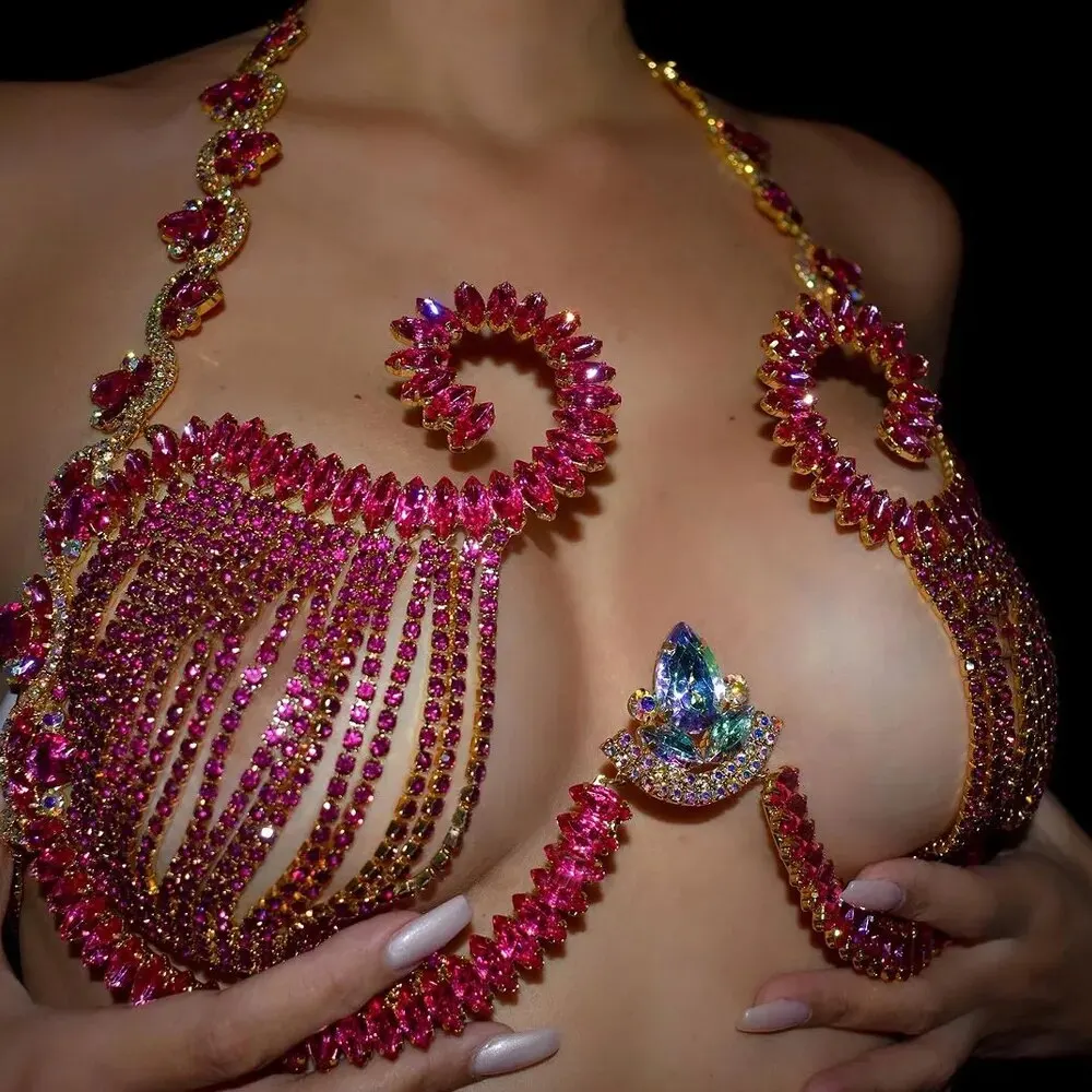 Body Jewelry Dress - Rave Rosa Cristal Peito Suporte para